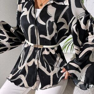 Elegant Oversized Abstract Print Button-up Top - Black and cream